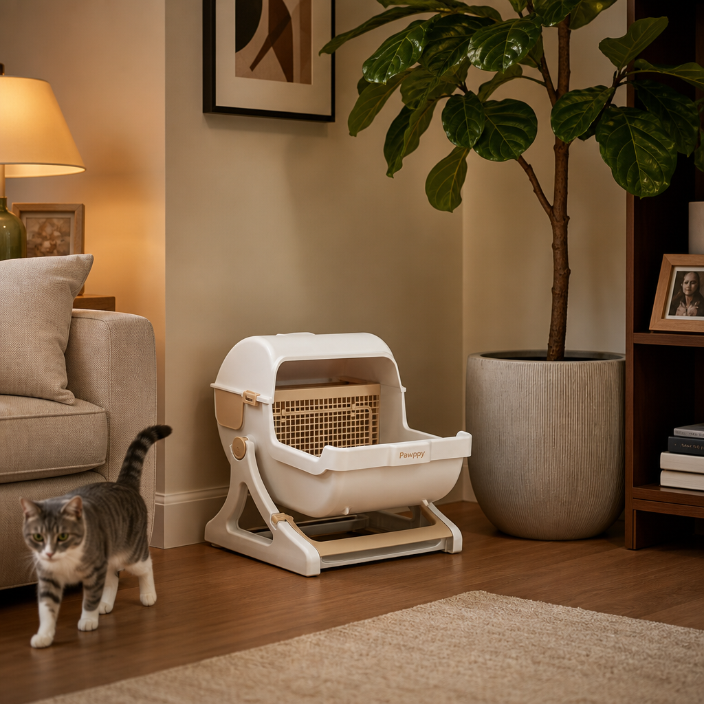 Chat près du bac à litière design Felinexa CleanBox blanc et bois dans un salon
