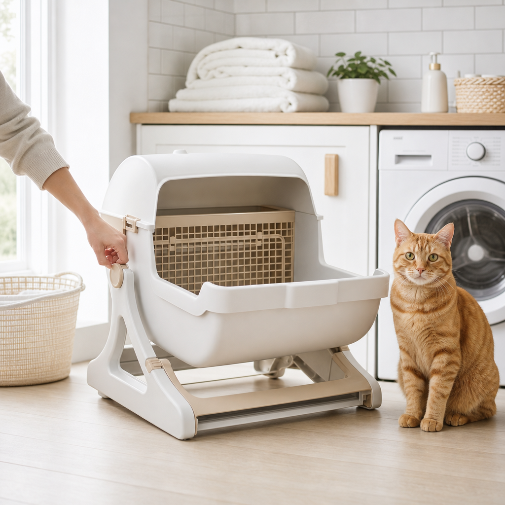 Chat roux assis à côté du bac à litière Felinexa CleanBox dans une buanderie