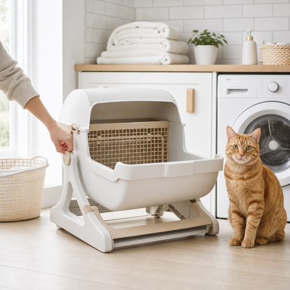 Chat roux assis à côté du bac à litière Felinexa CleanBox dans une buanderie