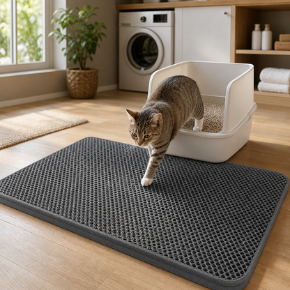 Chat marchant sur le tapis anti-litière Felinexa CleanMat double couche à côté du bac à litière