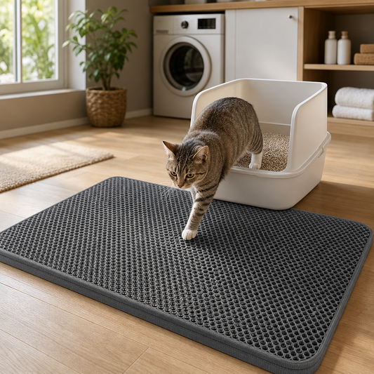 Chat marchant sur le tapis anti-litière Felinexa CleanMat double couche à côté du bac à litière