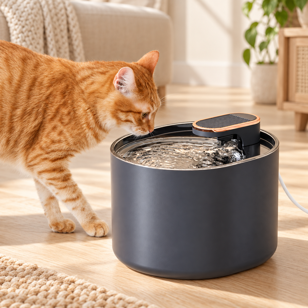 Fontaine AquaFlow noire dans un intérieur chaleureux, avec un chat roux