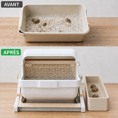 Avant/après : litière classique comparée à la Felinexa CleanBox avec bac récupérateur latéral