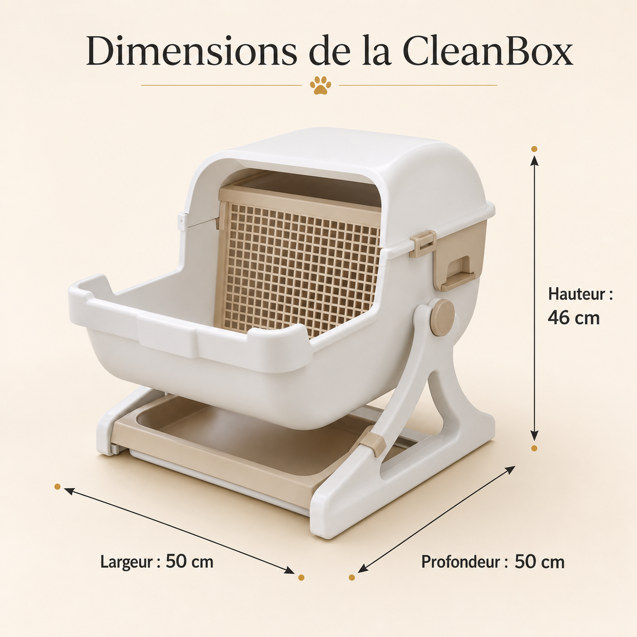 Dimensions du bac à litière Felinexa CleanBox : 50 × 50 × 46 cm