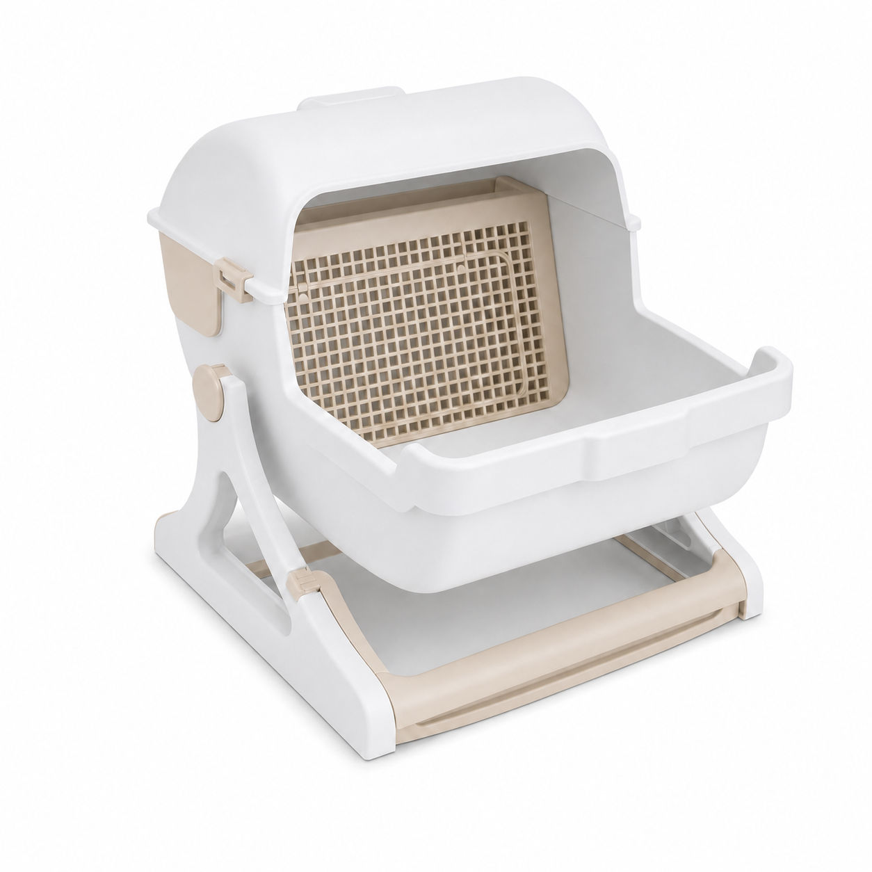 Bac à litière Felinexa CleanBox blanc et beige ouvert, vue de face
