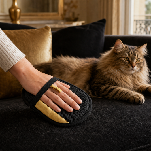 Main utilisant le gant anti-poils Felinexa FurGlove noir et doré pour brosser un chat sur un canapé